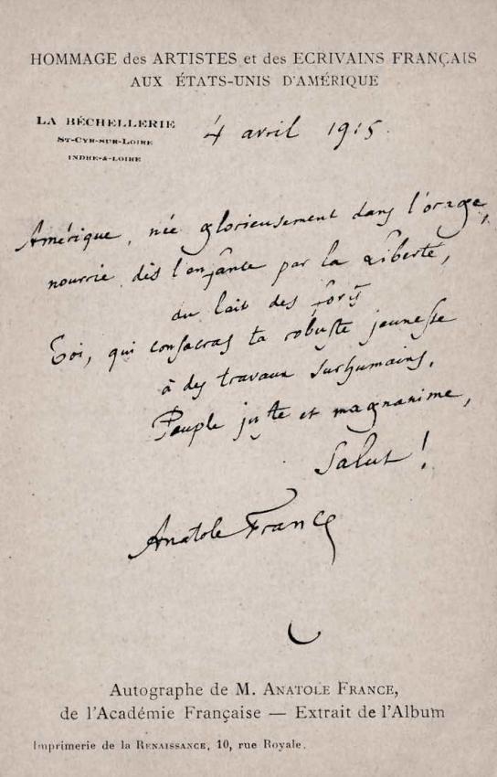 Anatole France - Autographe - imprimerie de la renaissance.